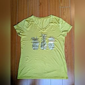 Women’s Yellow V-Neck Tee with Metallic Pineapple Design